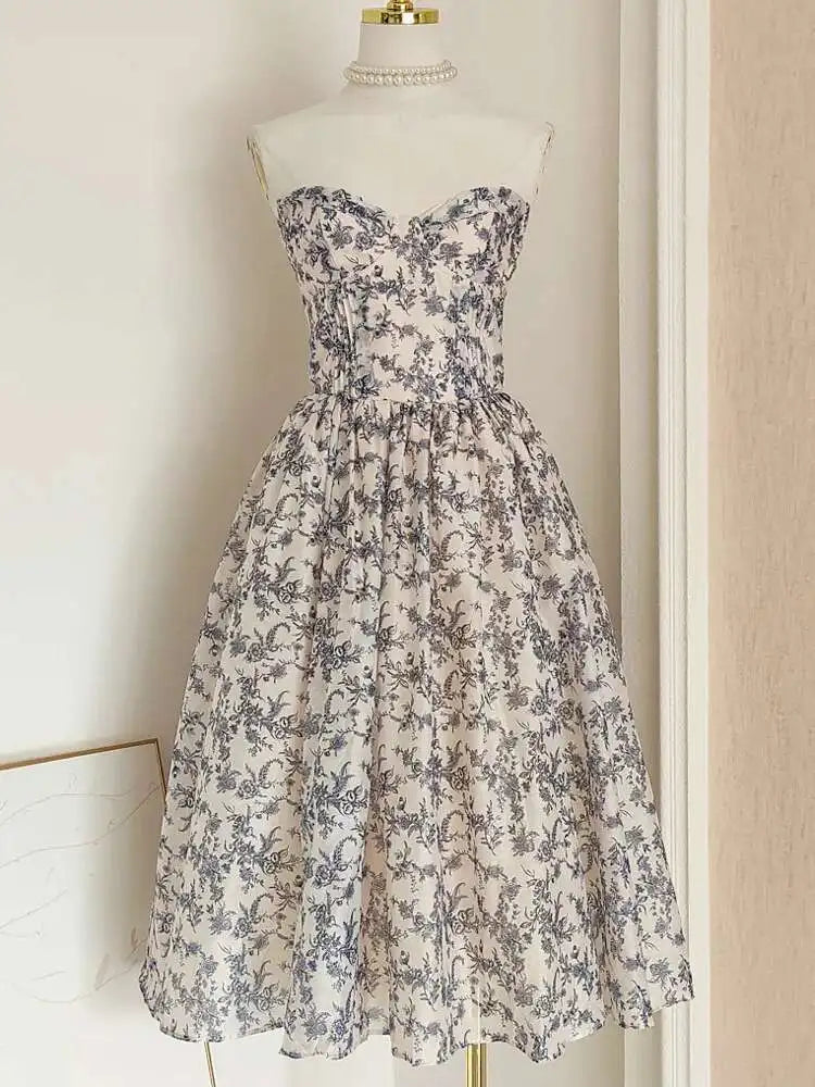 French Style Colory Print Mesh Strapless Women Dress Splicing Slim Fit A-Line Long Dresses 2025 Spring Summer New voguable