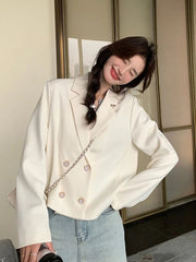 Elegant White Blazer Women Slim Long Sleeve Korean Sweet Suit Coat Casual Fashion Fall Double Breasted Female Chic Short Outwear voguable
