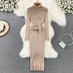 Ins Hot Turtleneck Sexy Wrap Hips Knitted Dresses Women Autumn Winter Long Sleeve Bodycon Sweater Dress with Belt voguable