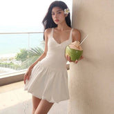 Voguable Bow Lace Patchwork Mini Dress Women French Holiday Chic Spaghetti Strap Dress Korean Fashion Sexy Chic V Neck Slim Camis Dresses voguable
