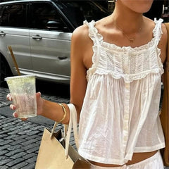 Women Y2k Lace Ruffle Trim Tank Top Fairycore Sexy Sheer Button Front Scoop Neck Camisole Cute Going Out Crop Tops Boho Vest voguable