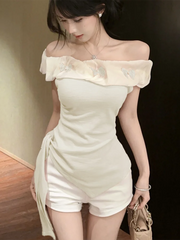 Sexy Off Shoulder Slim T Shirt Women Elegant Fashion Slash Neck Sweet Tees Korean Lace Up Design Irregular Butterfly Tops voguable