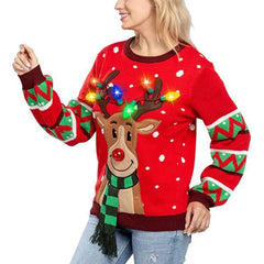 Women LED Light Up Holiday Sweater Christmas Cartoon Reindeer Knit Pullover Top voguable