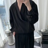 Voguable Black Long-sleeved Shirt Men Fashion Social Men Dress Shirt Korean Loose Casual Ice Silk Pullover Shirts Men Formal Shirt M-2XL voguable