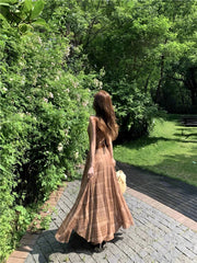 2025 Women's Dress, Summer Checkered Printed Sleeveless Long Dress, Round Neck, Large Swing, Elastic, Slimming A-Line Dress voguable