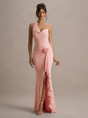 High Slits Irregular Collar Elegant Dress Women 3d Flowers Ruffles Lace-Up Halter Backless Temperament Banquet Vestidos voguable