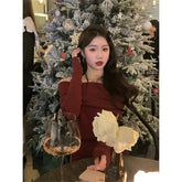 Voguable Vintage Red Knitted Mini Dress Women Christmas Sexy Slash Neck Dresses Winter Korean Long Sleeve Bodycon Hip Wrap Vestidos New voguable