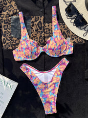 Voguable Purple Yellow Printed Swimsuit Woman Sexy Underwire V-neck Bikini High Waist Two Piece Swimwear Backless Beach Bathing Suit voguable