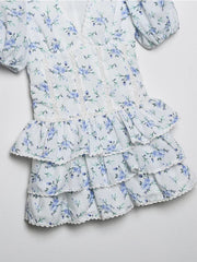 New Women Fashion Lace Embroidery Trims Floral Print Dress Vintage Puff Sleeve Female Sweet Layered Ruffle Mini Dresses