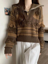 Voguable Vintage Tassel Striped Knitted Sweater Women Harajuku Casual Loose Jumper Korean Retro Long Sleeve Zipper All Match Tops voguable