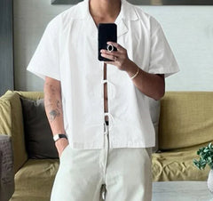 Men Shirt Solid Lapel Short Sleeve Button Hollow Out Male Tops Shirts Summer Loose 2025 Fashion Men Clothing Streetwear voguable