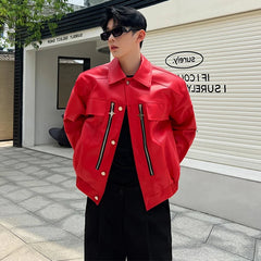 Voguable 2024 Trendy Metal Buckle Decorate Splicing Design Casual Leather Jacket Men's High Street Handsome Stylish PU Coat voguable