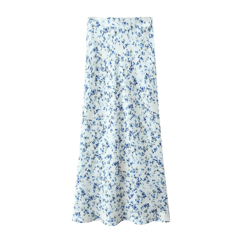 Voguable  New 2024 Women Floral Print Satin Long Skirt Vintage High Elastic Waist A-line Spring Summer voguable