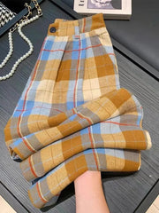 Vintage Fall Plaid Wide Leg Pants Women Casual Loose High Waist Retro Trousers American Pockets Lady High Quality Straight Pant voguable