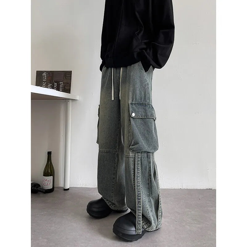 Baggy Casual Denim cargo Pant man Mopping Trousers Yellow Mud Ribbons Multi-pockets Drawstring Jeans for Men Harajuku Streetwear