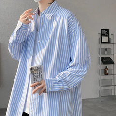 Blue Striped Shirt Men Fashion Society Mens Dress Shirt Korean Loose Long Sleeved Shirt Mens Casual Shirts Large Size 5XL voguable