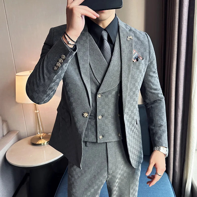 Voguable (Jacket+Vest+Pants)Classic Plaid Korean Slim-fit Men's High-end Banquet Dress Suit Fashion Men Formal Business Social Host Suit voguable