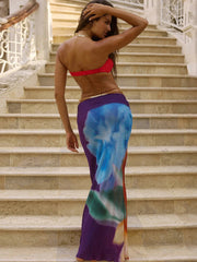 Colorful Beach Sexy 2 Piece Set Women Swimsuit Starfish Buckle Tube Tops+Ruched Belt Skirts Matching Midnight Clubwear voguable