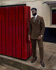 Brown Stripe Double Breasted Men Suit 2 Pcs Wedding Terno Bespoke Groom Prom Slim Fit Peaked Lapel Blazer Trousers(Jacket+Pant) voguable