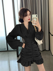 Voguable Elegant Women Mini Dress Vintage Tunic Irregular Long Sleeve Korean Office Ladies Ruffles Dress Sexy V Neck Party Vestidos voguable