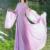 Voguable Elegant Chiffon Hanfu Style Dress for Women Square Neck Wide Flare Sleeve Flowy Maxi Traditional Chinese Dress for Cosplay Y2K voguable