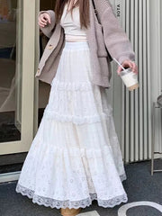 Elegant Lace Splicing Midi Skirt for Women Y2K Summer High Waist Chic Hollow Out A Line Skirts Korean Solid All-Match Long Skirt voguable