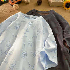 Men Loose Fit Cotton T Shirt Round Neck Breathable Rose Flower Print Tee Summer Casual Streetwear Soft Comfortable Trendy 2024 voguable
