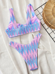 Voguable Blue Pink Tie Dye Printed Swimsuit for Women Cross Knot Two Piece Bikini Set Suspender Backless Beach Vacation Bathing Suit voguable