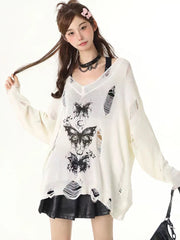 Y2k Hollow out Knit Oversize T shirt Women Long sleeve Off shoulder Top Sexy Basic Transparent Tees Baggy Vintage Ladies New voguable