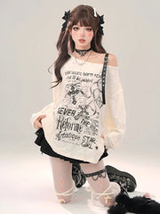 Gothic Vintage Oversize Long sleeve T shirt Women Sweet Sexy Off shoulder Tops Spring Autumn Fashion Holes Basic Tees voguable