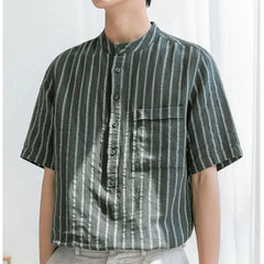 Voguable Men Clothing Trendy Japanese Style Vintage Striped Print Short Sleeve Shirt Summer Simple Casual Stand Collar Loose Cotton Tops voguable