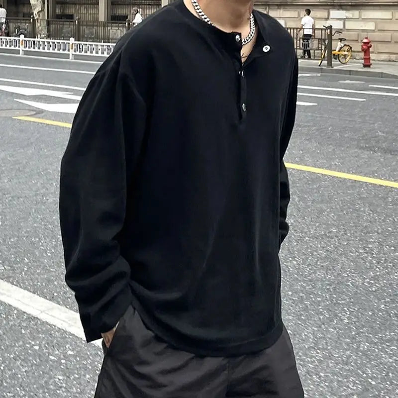 Men's Trend Button Loose T Shirts Spring Autumn New Long Sleeve Solid Color Plus Size Tops Tees Fashion Casual Men Clothing voguable