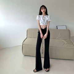 Spring and Autumn High-waist Design Drawstring Long Trousers for Women Slimming Draped Black Floor Wide-leg Bell-bottom Pants voguable