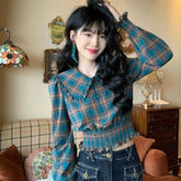 Voguable Retro Plaid Women Shirt Peter Pan Collar Flare Long Sleeve Sweet Blouse Pleats Buttons Loose Slim Vintage Autumn Female New Tops voguable