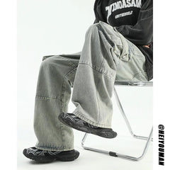 High quality Wide Leg jeans men Big Pocket Overalls Patchwork Men Unisex Neutral Loose Straight Casual High Street Hip Hop Jeans