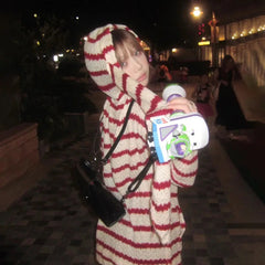 Japanese Y2k Hooded Cardigan 2000s Aesthetics Rabbit Ears Zipper Knitwear Vintage Harajuku Red Stripe Sweater Grunge voguable