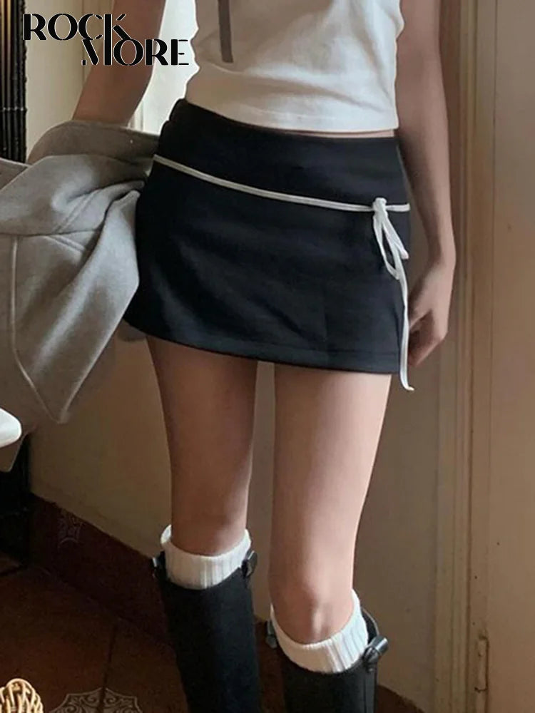 Voguable Bow Ribbon Stitching Mini Skirts Coquette Outfits Low Waist Elastic Short Skirts Y2K Aesthetic Fairycore Korean New voguable