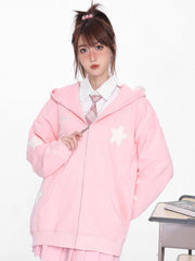 Stars Print Women Hoodies Vintage Cute Preppy Style Long Sleeve Sweatshirts American Retro Letter Loose Design Female Tops voguable