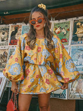 Elegant Printed Women's Jacquard Waist Dress Fashion O Neck Lantern Sleeve Short Vestidos Autumn Lady Party Chic Streetwear voguable