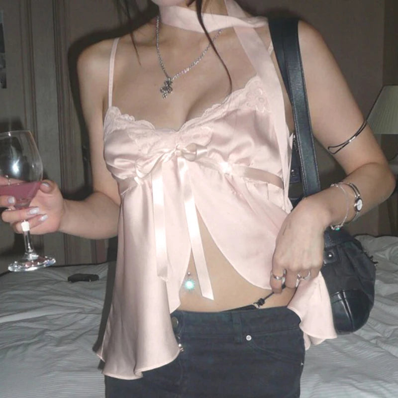 Kawaii Bandage Lace Pink Camisole Women Sexy Sweet Patchwork Satin Crop Tops with Slit Summer y2k Vintage Tank Tops Cute voguable