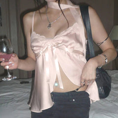 Kawaii Bandage Lace Pink Camisole Women Sexy Sweet Patchwork Satin Crop Tops with Slit Summer y2k Vintage Tank Tops Cute voguable