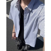 Summer Short Sleeved Shirt Men Black Blue Casual Shirt Men Streetwear Korean Loose Striped Shirt Mens Formal Dress Shirts voguable