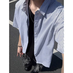 Summer Short Sleeved Shirt Men Black Blue Casual Shirt Men Streetwear Korean Loose Striped Shirt Mens Formal Dress Shirts voguable