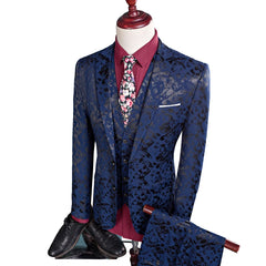 Men Suit Business Leisure Single Breasted Suits 3 Pieces Sets Male Printing Groom Wedding Dress Jacket Blazers Coat Vest Pants voguable