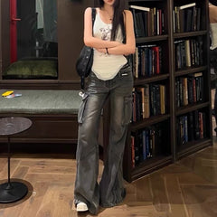 Voguable American Retro Pleated Pockets Loose Casual Wide Leg Jeans Women 2024 Spring New Low Waist Washed Distressed Cargo Pants voguable