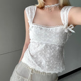 Voguable Hook Floral Lace Double Layer Tank Top Coquette Aesthetic Side Zipper Back Lace-up Cute Corset Fairycore Camis Kawaii voguable