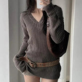 Voguable Vintage V Neck Knitted Sweaters Women Fall Winter Hotsweet Slim Fit Long Sleeve Pullovers American Retro Solid Lazy Wind Jumpers voguable