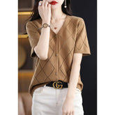 Voguable New Summer Knitted Cardigan Women's Short Sleeve V-Neck Base Shirt Loose Top Outerwear voguable