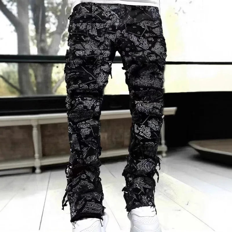 Voguable New Men's Straight-Leg Jeans, Street Fashion Stretch Casual Jacquard Denim, Hip-Hop Street Style Jeans voguable