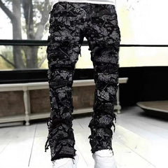 Voguable New Men's Straight-Leg Jeans, Street Fashion Stretch Casual Jacquard Denim, Hip-Hop Street Style Jeans voguable